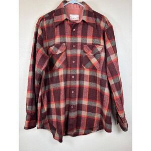 Vintage Nofade Plaid Flannel‎ Shirt Acrylic Brown Orange Gray Mens Large